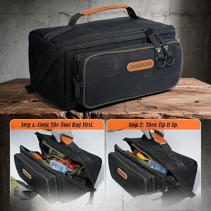 WELKINLAND LayFlat Tool Pouch Organizer, 13-Inch Small Tool Bag, Heavy-Duty Waxed Canvas Tool Pouch, 5-Pocket Small Tool Bags with Zipper, Wide-Open Electrician Tool Bag