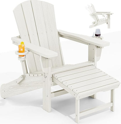 KINGYES Folding Adjustable Adirondack Chair with Ottoman & 2 Cup Holders, HDEP Multifunctional Adirondack Chair with Footrest, White