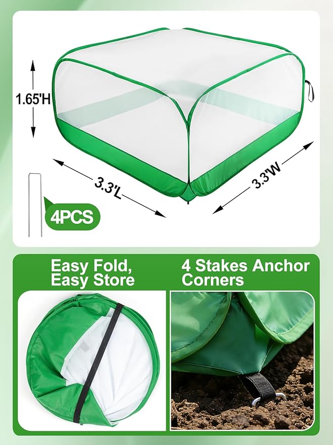 Pop Up Garden Netting for Square Raised Beds - 3.3'L x 3.3'W x 1.65'H Ultra Fine Mesh Net Plant Cover with 4 Stakes, Protection for Vegetables Fruit from Birds Pests