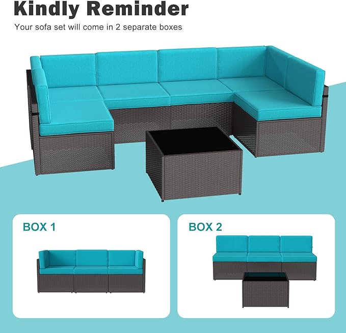 Kinsuite 7Pcs Patio Conversation Set - Wicker Backyard Furniture Outdoor Furniture with Cushions, All-Weather Couch Set with Coffee Table for Garden, Lawn, Deck, Turquoise