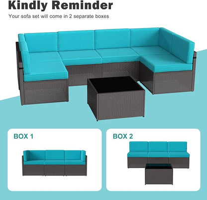 Kinsuite 7Pcs Patio Conversation Set - Wicker Backyard Furniture Outdoor Furniture with Cushions, All-Weather Couch Set with Coffee Table for Garden, Lawn, Deck, Turquoise