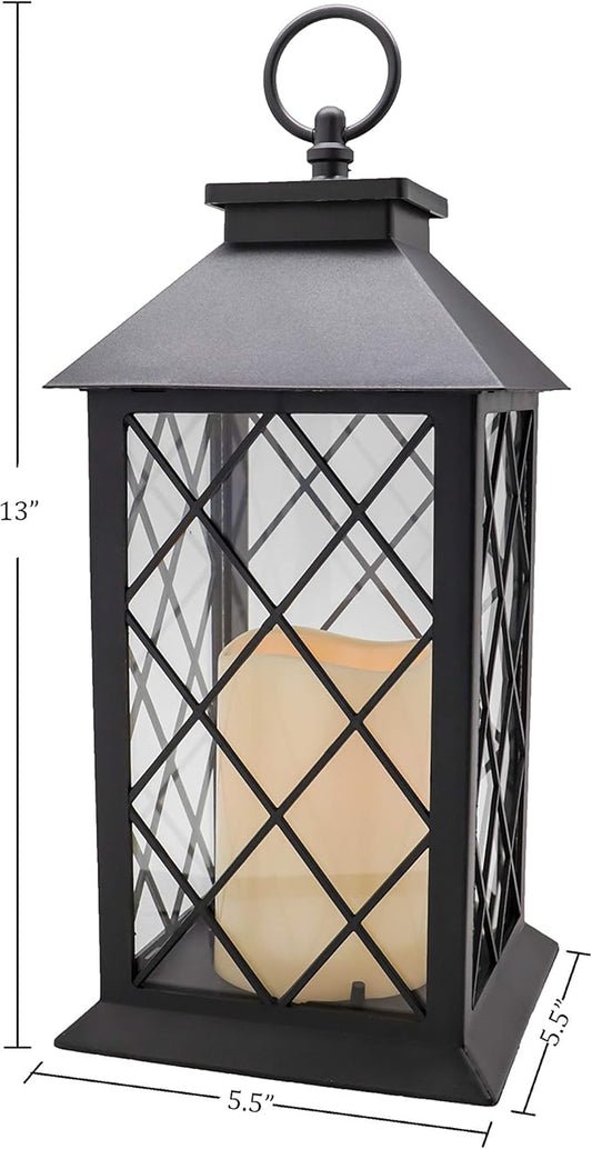 YAKii 13" Decorative Candle Lantern with LED Flameless Candle and Timer, Plastic LED Candle & Holder, Indoor & Outdoor Hanging Lights Thanksgiving &Christmas Day Decorations (Black)