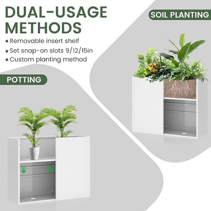 Tall Metal Planter for Outdoor Plants,30" Lx10“Wx24”H All-Weather Durable Plant Box,Large Rectangular Planter with Drainage Holes & Removable Shelf,Modern Decor for Tall Small Plants, Trees, Flowers