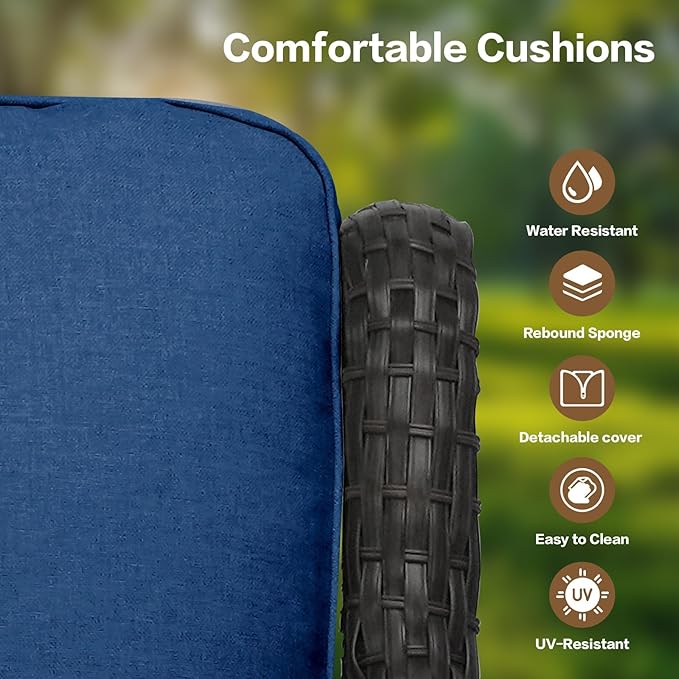 3 Pieces Patio Furniture Conversation Set PE Rattan Wicker Outdoor Swivel Glider Rocker Chairs of 2, Soft Thick Washable Cushion Side Coffee Table for Yard Backyard Poolside (Brown/Navy Blue)