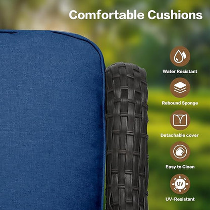 3 Pieces Patio Furniture Conversation Set PE Rattan Wicker Outdoor Swivel Glider Rocker Chairs of 2, Soft Thick Washable Cushion Side Coffee Table for Yard Backyard Poolside (Brown/Navy Blue)