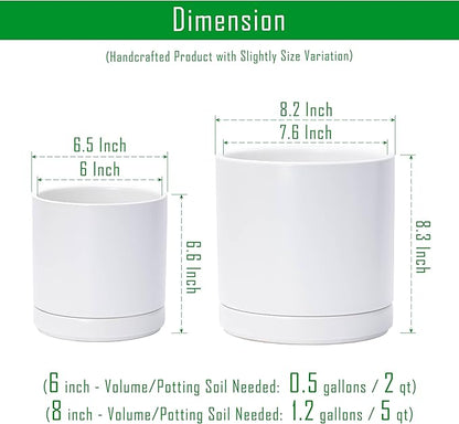D'vine Dev 6.5 Inch & 8.2 Inch Ceramic Planter Pots for Plants with Drainage Hole and Saucer, Medium Plant Pots Set, White, 94-G-M-1