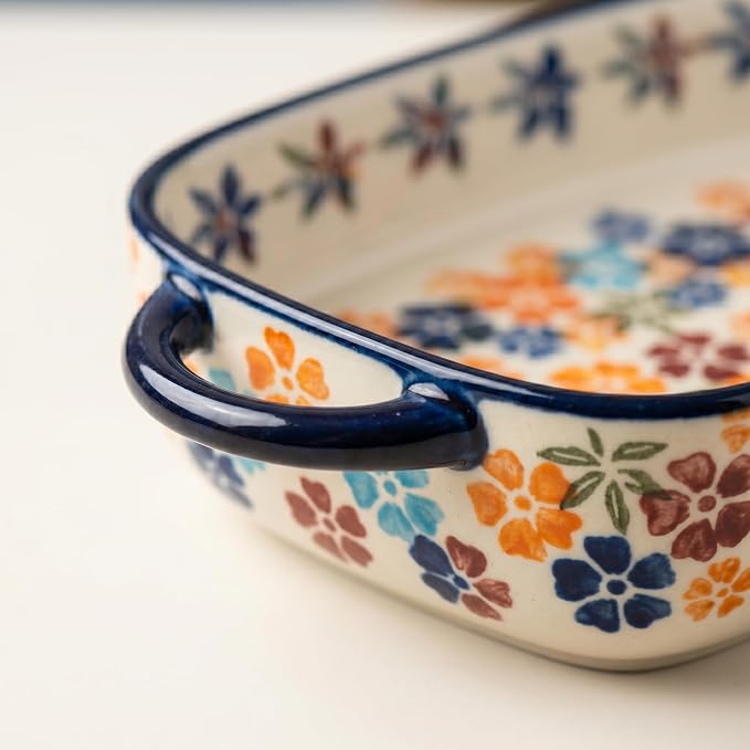 Ceramic Baking Dish with Handles, Hand-painted Polish Pottery Baking Dish Set of 2,Baking Pan Lasagna Pan, Rectangular, Floral Pattern, Oven Safe, 13.22x7.5x2.8 Inch (orange)