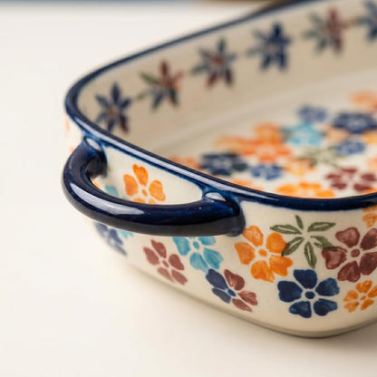 Ceramic Baking Dish with Handles, Hand-painted Polish Pottery Baking Dish Set of 2,Baking Pan Lasagna Pan, Rectangular, Floral Pattern, Oven Safe, 13.22x7.5x2.8 Inch (orange)