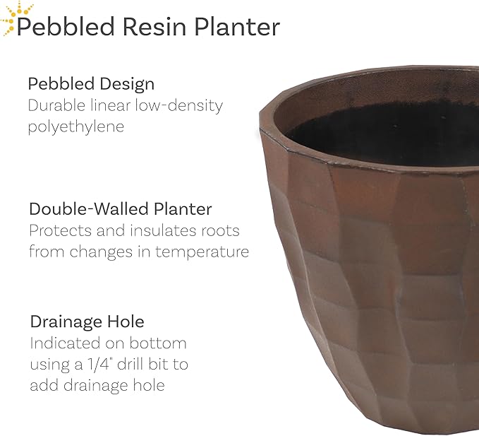 Sunnydaze Pebbled Polyresin Round Outdoor Planter - 15.75" Flower Pot for Indoor or Outdoor Use - Dark Brown