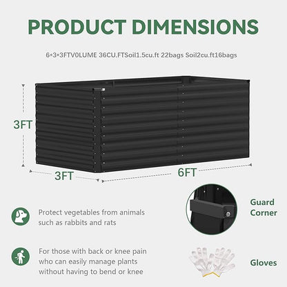 FOOWIN 2pcs 6x3x3ft Galvanized Raised Garden Bed, Planter Raised Garden Boxes Outdoor, Large Metal Raised Beds for Gardening, Garden Bed for Vegetables, Flowers, Herb, Black