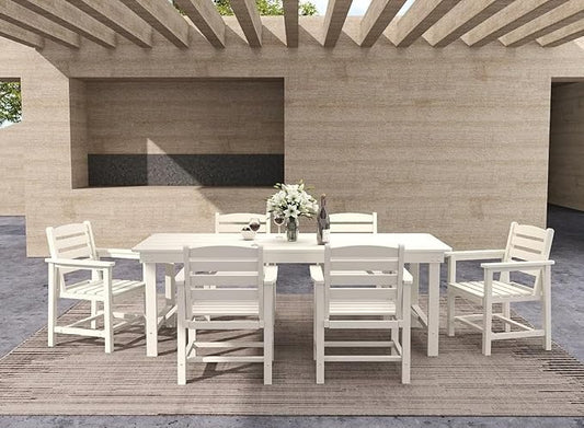 7-Piece White HDPE Patio Table and Chairs Set, Weather Resistant Outdoor HDPE Dining Table Sets with Umbrella Hole for Lawn, Garden, Deck, Poolside, Balcony