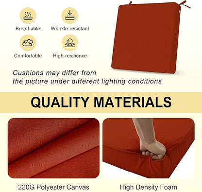 downluxe Waterproof Outdoor Chair Cushions for Patio Furniture, 19" x 19" x 2" Patio Chair Cushion with Adjustable Ties & Portable Handle, Square Outdoor Cushion with Removable Cover, Orange, 2 Pack