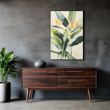 JolyWell Hand-paintd Botanical Canvas Wall Art Sage Green Leaf Tropical Plant Art Prints Boho Decor Bird of Paradise Flowers Leaf Wall Painting for Living Room Bedroom 24 x 36 IN