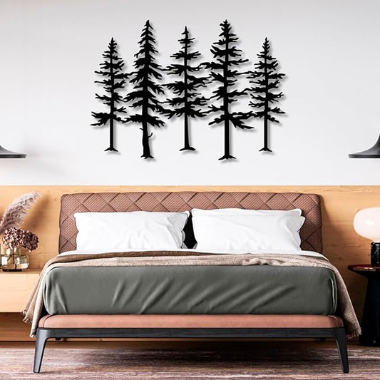 Pine Tree Metal Wall Art, Big Pine Trees Metal Wall Art, Metal Pine Tree Art, Metal Minimalist Pine Wall Decor, Nature and Forest Decor, Tree Decor Wall Hanging, Nature Lover Gift (Black-Tree2, 66"x 47"| 167x121cm)