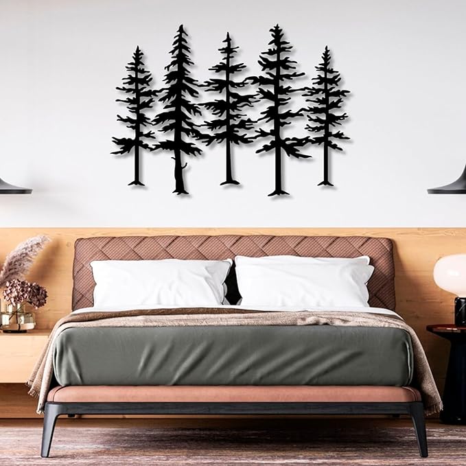 Pine Tree Metal Wall Art, Big Pine Trees Metal Wall Art, Metal Pine Tree Art, Metal Minimalist Pine Wall Decor, Nature and Forest Decor, Tree Decor Wall Hanging, Nature Lover Gift (Black-Tree2, 54"x 39"| 138x100cm)