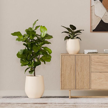 KUTE NEST 16.5" H x 15" D Premium Corso Fiberstone Round Tapered Planter with Drainage Hole, Smooth Finishes, Weather Resistant, Included 2 Extra Coco Mats (Kilim Beige, 11.5" Pot Opening)