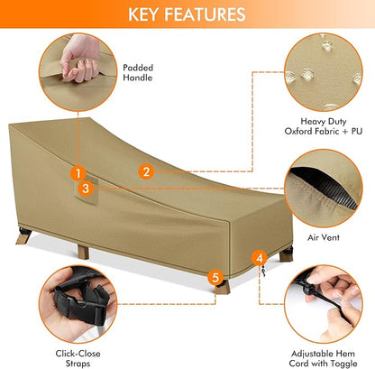 WLEAFJ Patio Chaise Lounge Cover Waterproof, Heavy Duty Outdoor Lounge Chair Covers, Durable Patio Furniture Covers, 78L x 34W x 32H inch，Khaki