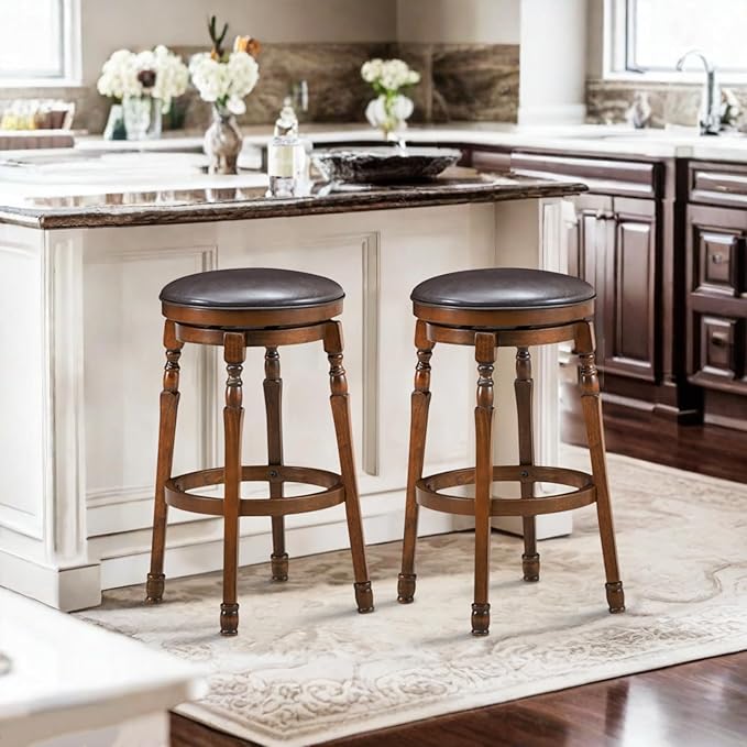 ERGOMASTER 29 Inch Swivel Bar Stools Set of 2, Rubber Wood, Brown