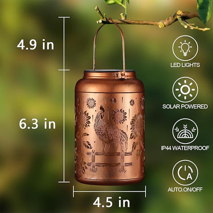 Solar Lanterns Outdoor Waterproof Hummingbird Garden Decor Gifts for Women Mom Grandma Hanging Lights Metal Decoration Outside for Yard, Patio,Backyard,Porch(Rooster)