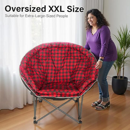 Oversized XXL Folding Round Camping Chair,Super Comfy Padded Moon Camp Chairs,Heavy Duty Supports 200 Kg Outdoor Lawn Chairs for Adults,Perfect for Indoor,Family Camping,Hiking,Picnics and Garden