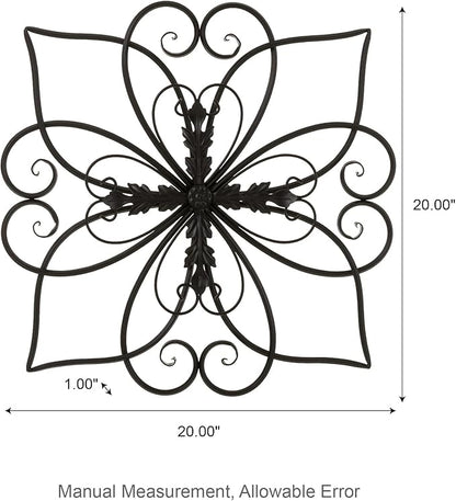 Glitzhome Black Metal Wall Art Decor, 20 Inch Iron Wall Decor with Heart and Petal Scroll Design, Indoor Outdoor Wall Accent for Garden Porch Patio