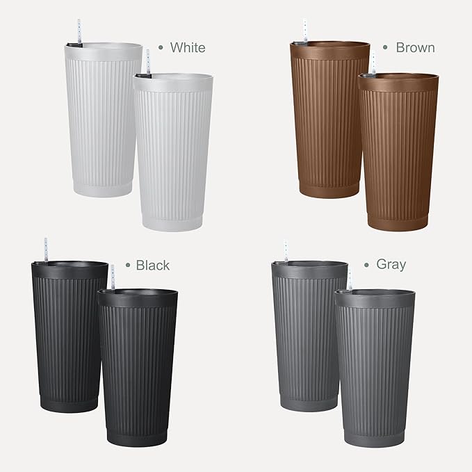 24" Large Planter Set of 2, Self Watering Tall Plastic Planters for Outdoor Plants, Modern Flower Pots Planter Outdoor for Patio, Front Door Decor, with Drainage (Gray Ribbed)