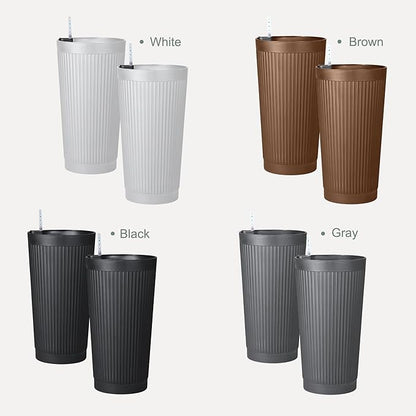24" Large Planter Set of 2, Self Watering Tall Plastic Planters for Outdoor Plants, Modern Flower Pots Planter Outdoor for Patio, Front Door Decor, with Drainage (Gray Ribbed)