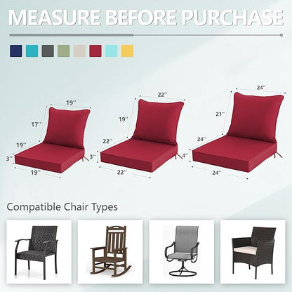 24x24 Inch Outdoor Chair Cushions Set of 2, Patio Furniture Cushions - Removable Cover, Water-Repellent, Fade-Resistant, Non-Slip Bottom & Straps, Replacement for Deep Seat Sofa & Couch - Burgundy