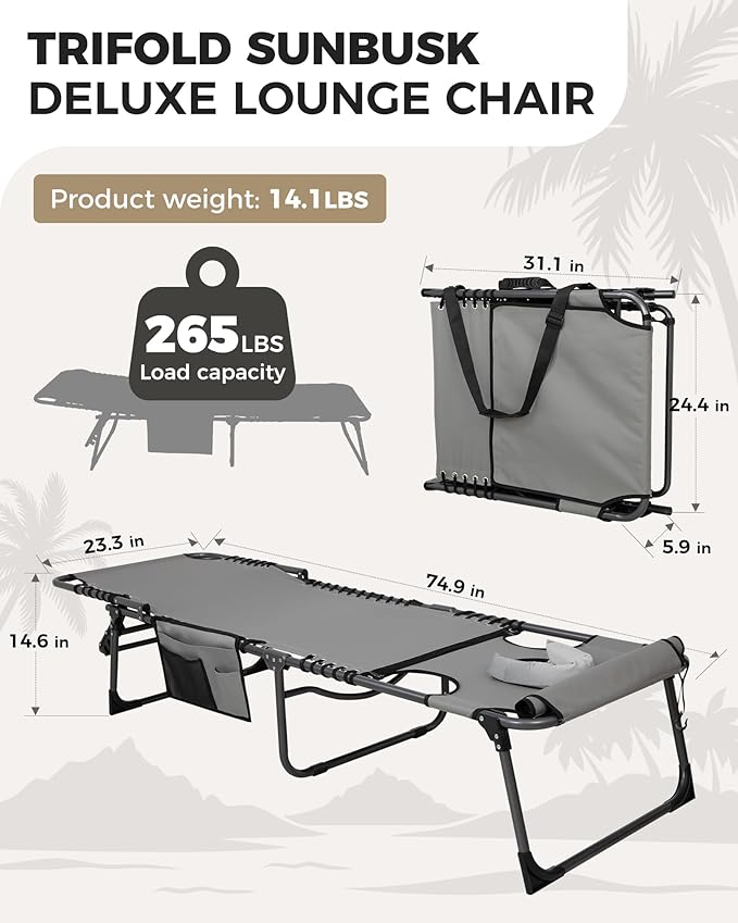 KingCamp Tanning Chair with Face Hole, Lounge Chairs Outdoor Folding Portable Comfy Adjustable 5-Position Lay Flat Foldable Chaise Chaser Lounger for Outside Beach Patio Sun Bathing Pool, Grey