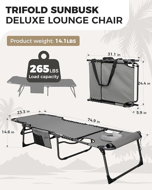KingCamp Tanning Chair with Face Hole, Lounge Chairs Outdoor Folding Portable Comfy Adjustable 5-Position Lay Flat Foldable Chaise Chaser Lounger for Outside Beach Patio Sun Bathing Pool, Grey