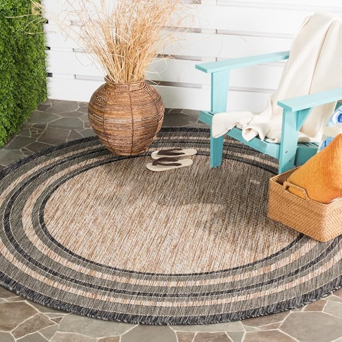 SAFAVIEH Washable Rug Outdoor Courtyard Collection - 7'10" Round, Natural & Black, Non-Shedding & Easy Cleaning, Ideal for Patio, Backyard, Mudroom (CY8475-37312)