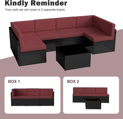 Kinsuite 7Pcs Patio Conversation Set - Wicker Backyard Furniture Outdoor Furniture with Cushions, All-Weather Couch Set with Coffee Table for Garden, Lawn, Deck, Red
