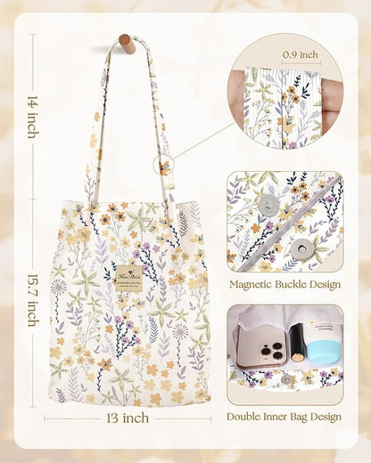Miss Adola Corduroy Tote Bag for Women - Reusable Totes with Magnetic Buckle & Pocket Aesthetic Design Work Grocery Bags