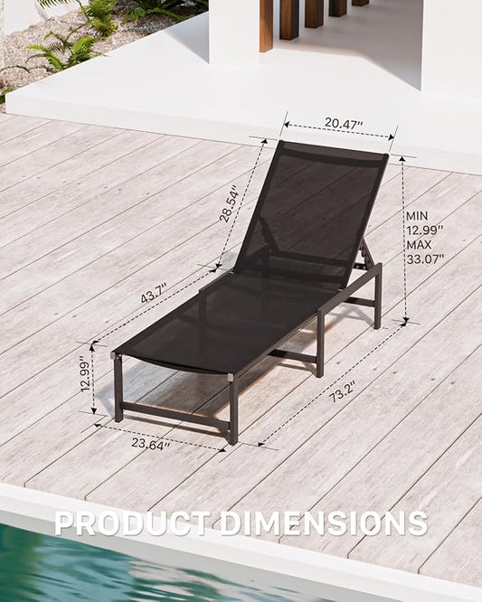 Chaise Lounge Chair Outdoor,Aluminum Patio Lounge Chairs,Lounge Chairs with 5 Adjustable Backrest and Headrest Pillows for Outside Beach,Black