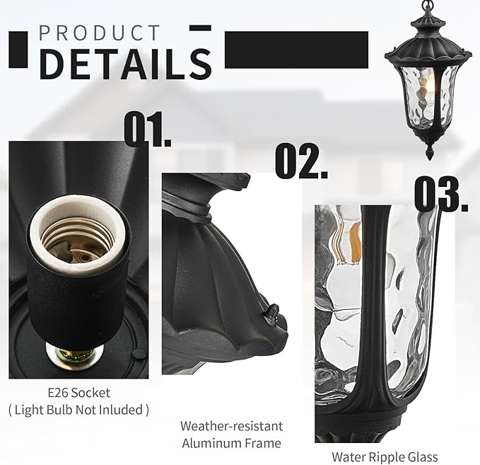 Outdoor Pendant Light Dusk to Dawn Sensor, 17.13 Inch Adjustable Exterior Hanging Light Fixture Black Outside Ceiling Chandelier for Entryway, Doorway, Farmhouse, Foyer