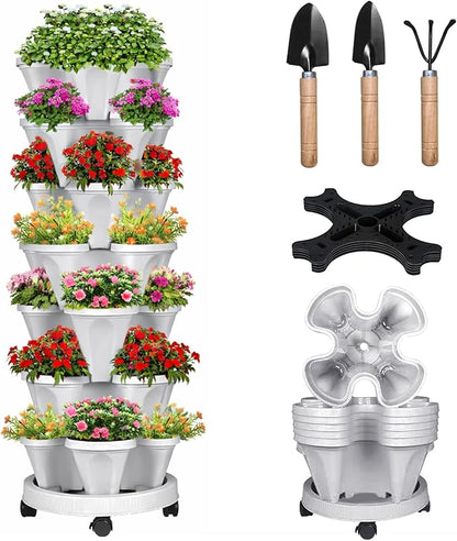 Vertical Strawberry Planter 7 Tier Stackable Tower Herb Planters-Stacking Garden Outdoor Grey Planter Pot with Tools Mover for Succulents, Vegetables and Flowers