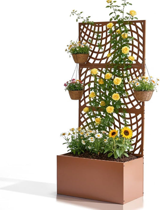 Outvita Metal Planter Box with Trellis, 71’’ x 32’’ x 16’’ Raised Garden Bed with Drainage Holes for Climbing Plants, Vegetables, Vines, Wavy Grid Cutout Privacy Planters for Patio (Brown)