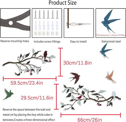 Harikikochuu 4PCS Metal Birds Wall Decor, Birds on the Branch Silhouette Art, Metal Leaves with Bird Outdoor Hanging Wall Sculpture for Home Office Balcony Garden Decor.（Colorful,Swallow）