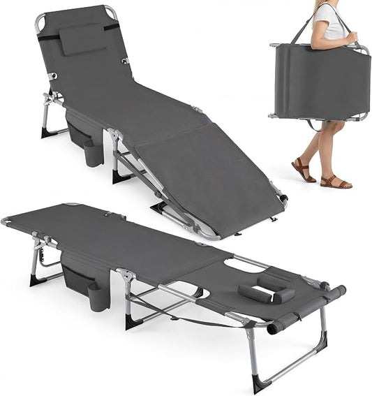 Giantex Set of 2 Tanning Chair, 5-Position Adjustable Beach Chair with Face & Arm Hole, Hand/Shoulder Strap, Removable Pillow, Side Pocket, Load 330 Lbs, Sunbathing Chairs, Lounge Chairs Outdoor, Grey