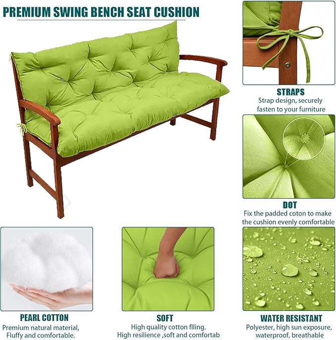 Swing Replacement Seat Cushions, 2-3 Seater Bench Cushions for Outdoor Furnitur with Backrest, Garden Recliner Seat Cushions Waterproof Sofa Pads (Tender Green, 71x40in)