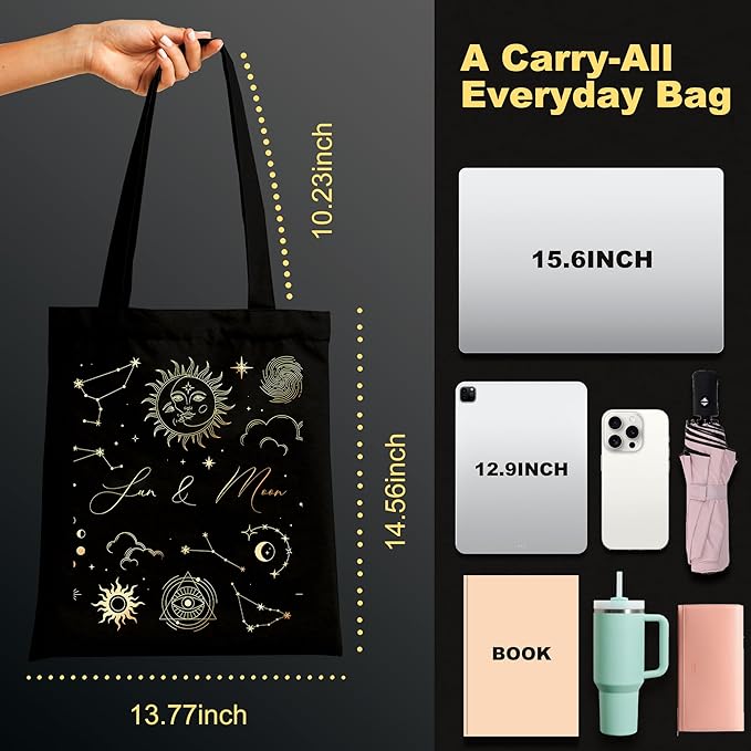 Canvas Tote Bag with Aesthetic Prints, Cute Tote Bag for Women Girls with Wide Strap, Gifts for Cat Book Lovers