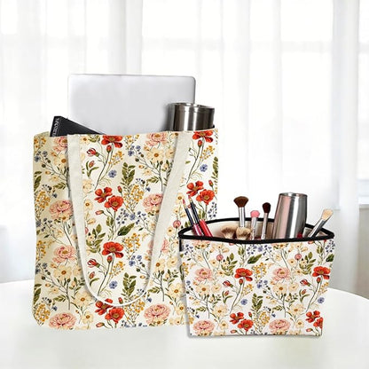 Flower Plant Lover Gifts for Women Canvas Tote Bag with Makeup Bag Cosmetic Bags Grocery Bags for Shopping Christmas