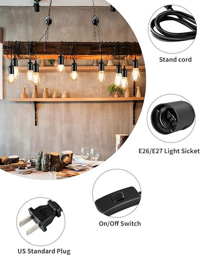 Extension Hanging Lantern Cord Cable, HESSION 5.9ft Lamp Cord -MAX 360W - On/Off Switch E26/E27 Black Pendant Lighting with Plug-in Cord 3-Pack