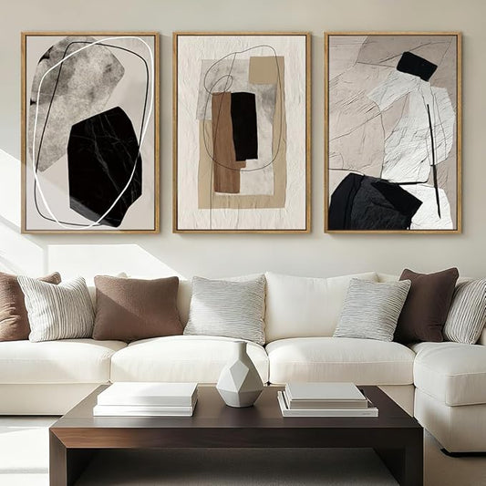 Anyzal Large Black Abstract Framed Wall Art 16x24 Inch Modern Neutral Canvas Wall Decor Beige Grey Minimalist Painting for Living room Bedroom Dining room Set of 3