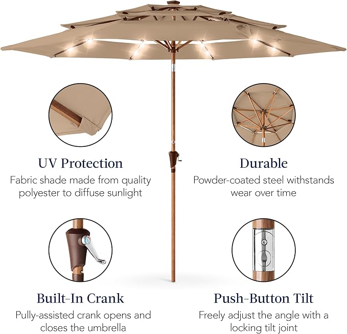 Best Choice Products 10ft 3-Tier Solar Patio Market Umbrella, Outdoor Sun Shade for Backyard, Deck, Poolside, Table w/Woodgrain Pattern, LED Lights, Tilt Adjustment - Tan