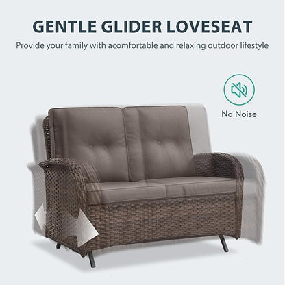5 Piece Patio Furniture Set with Fire Pit Table - Wicker Patio Conversation Set with Swivel Glider, Glider Loveseat, Tempered Glass Side Table for Deck Backyard - Brown Wicker Grey Cushion