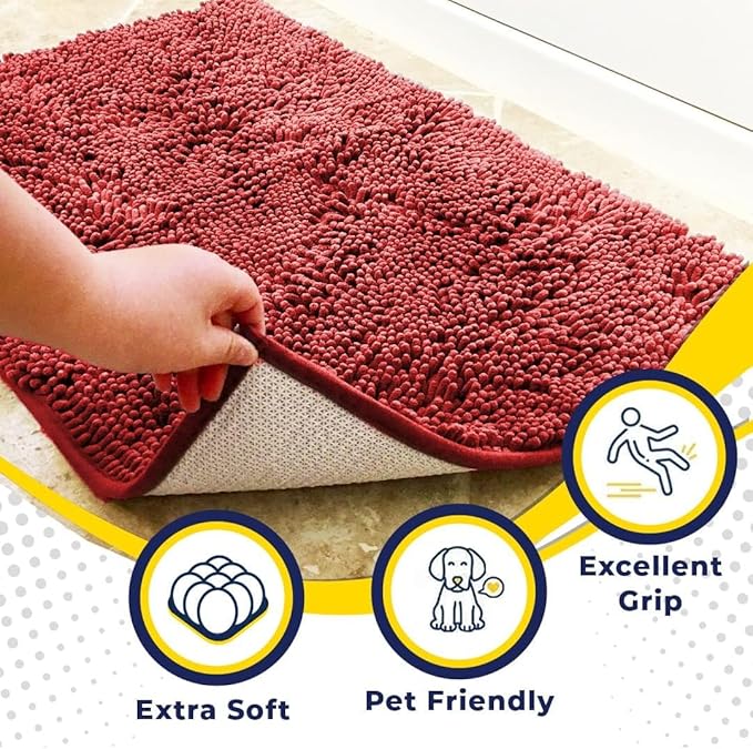 Muddy Mat® | Super Water Absorbent Door Mat Indoor, Microfiber Quick Dry Chenille Entryway Rug, Slip Resistant Front Door Mat, Indoor Mats for Entryway, Machine Washable Pet Rug, Red 36"x60"