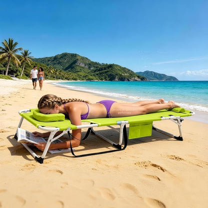 Outdoor Chaise Lounge with Detachable Pillow, Reclining Folding Chair with 5-Position Adjustable Back, Portable Tanning Chair For Beach, Pool, Lawn, Breathable Mesh Seat, No Assembly (Green 3)