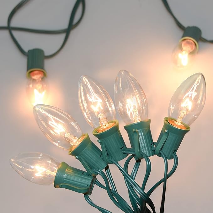 C9 Clear Vintage Outdoor String Lights with 26 C9 Clear Glass Bulbs, 25Ft Hanging Roofline Lights for Outdoor Christmas Tree Party Backyard Wedding Decor - Green