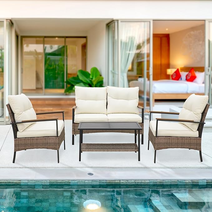 EAGLE PEAK 4 Piece Mojave Dusk Outdoor Conversation Set, Patio Wicker Furniture, Loveseat, 2 Patio Chairs and Coffee Table, Brown/Beige